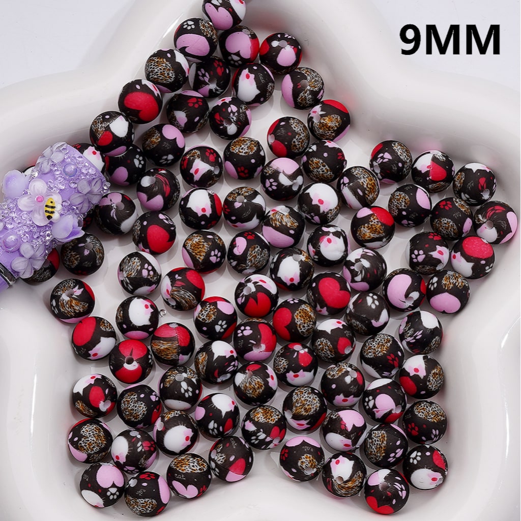 Pink Red Hearts Leopard Paw Printed Silicone Beads 9MM, Number Z-00259