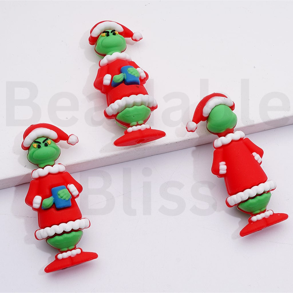 3D Green Monster Grinc in Christmas Costume Silicone Focal Beads