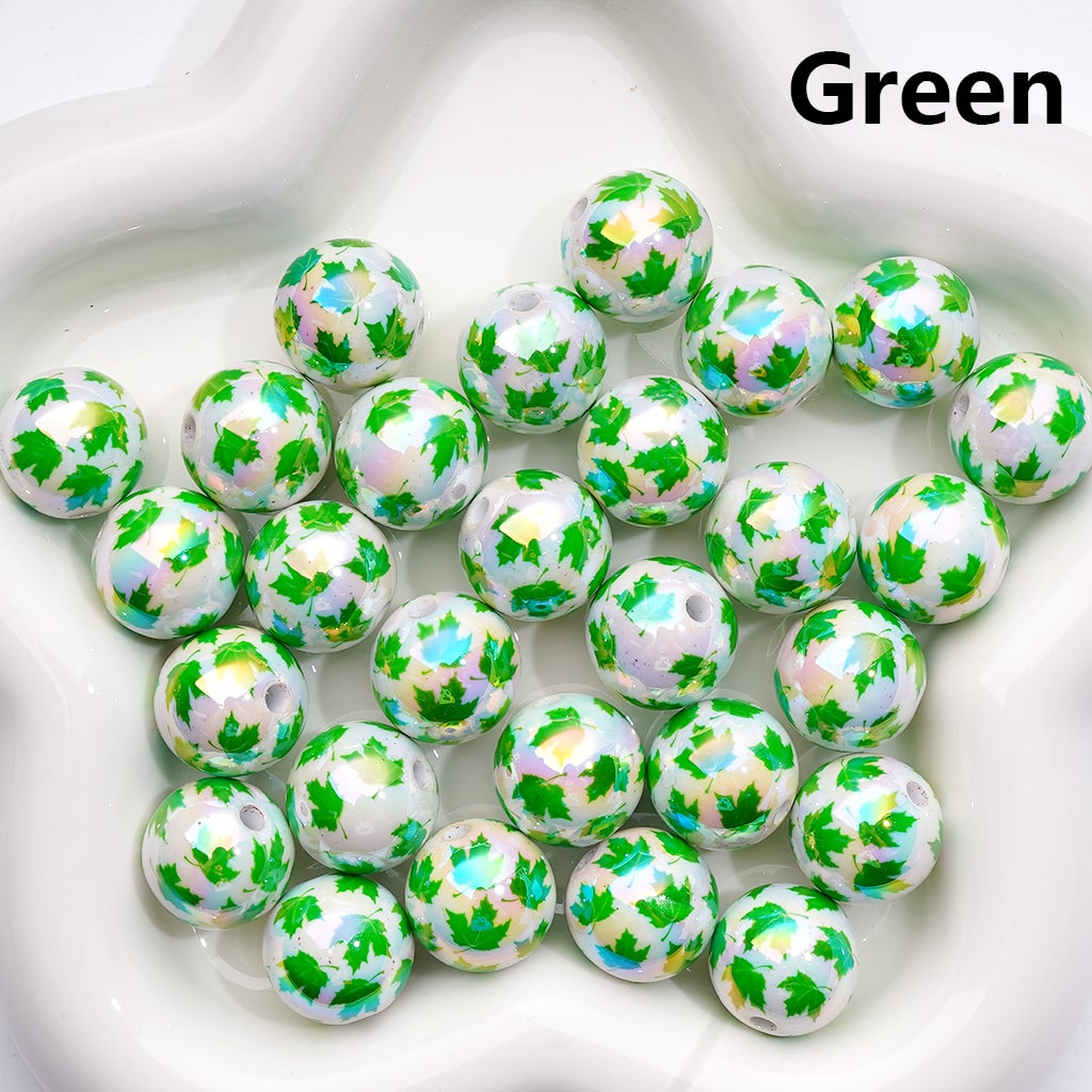 Acrylic Beads UV Coating Maple Leaves Prints Multi-Color, Round 16MM （Single Color is available for 200pcs(Whole Bag))