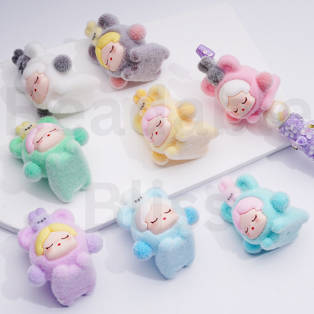 Cute Flocked Kik with Bear Costume Pendant Pen Topper Acrylic Beads Jewelry Accessories, 40*46MM