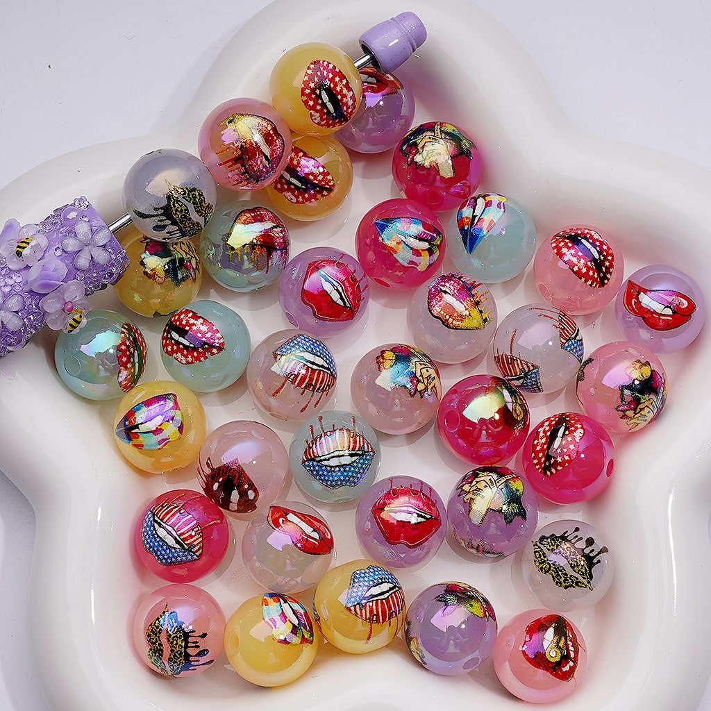 UV Coating Multi-Color lips USA America Patriotism Jelly White Clear Round Acrylic Beads, 16MM