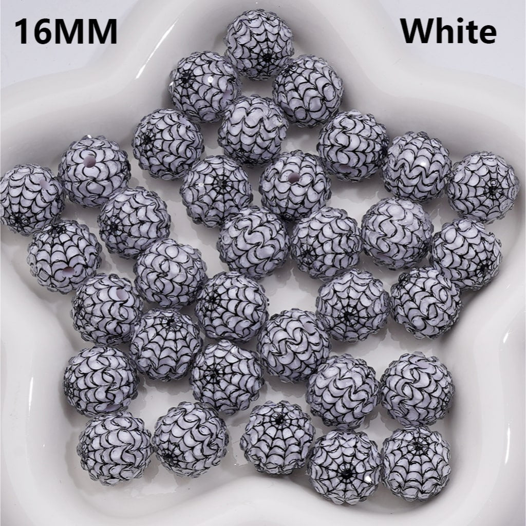 Halloween Clear Rhinestones Black White Spider Web Stripes Round Acrylic Beads in Solid Color, 16MM