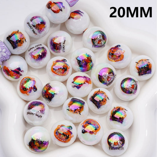 UV Coating Halloween Series Ghost Face Pumpkin with Wizard Hat Round Acrylic Beads, 20MM, Random Mix