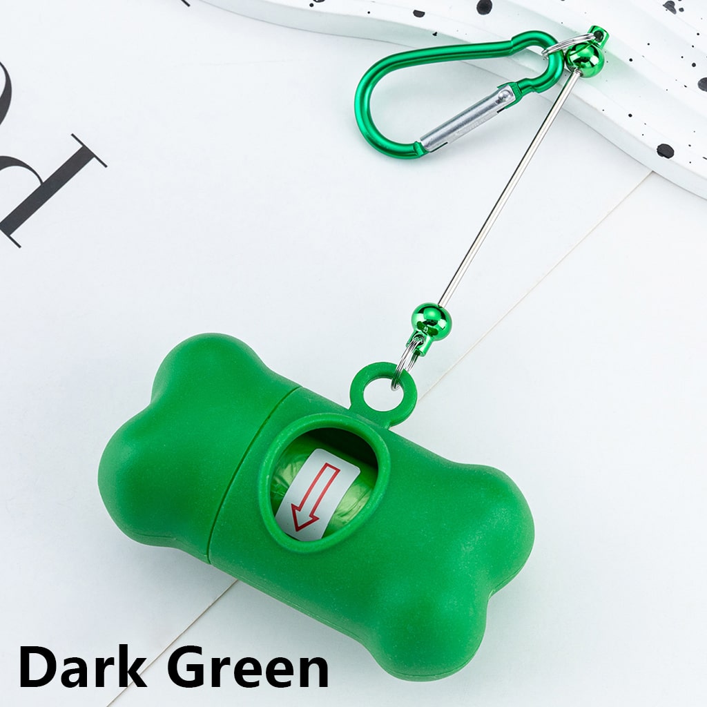 Green bone-shaped pet toy with a carabiner on a white background