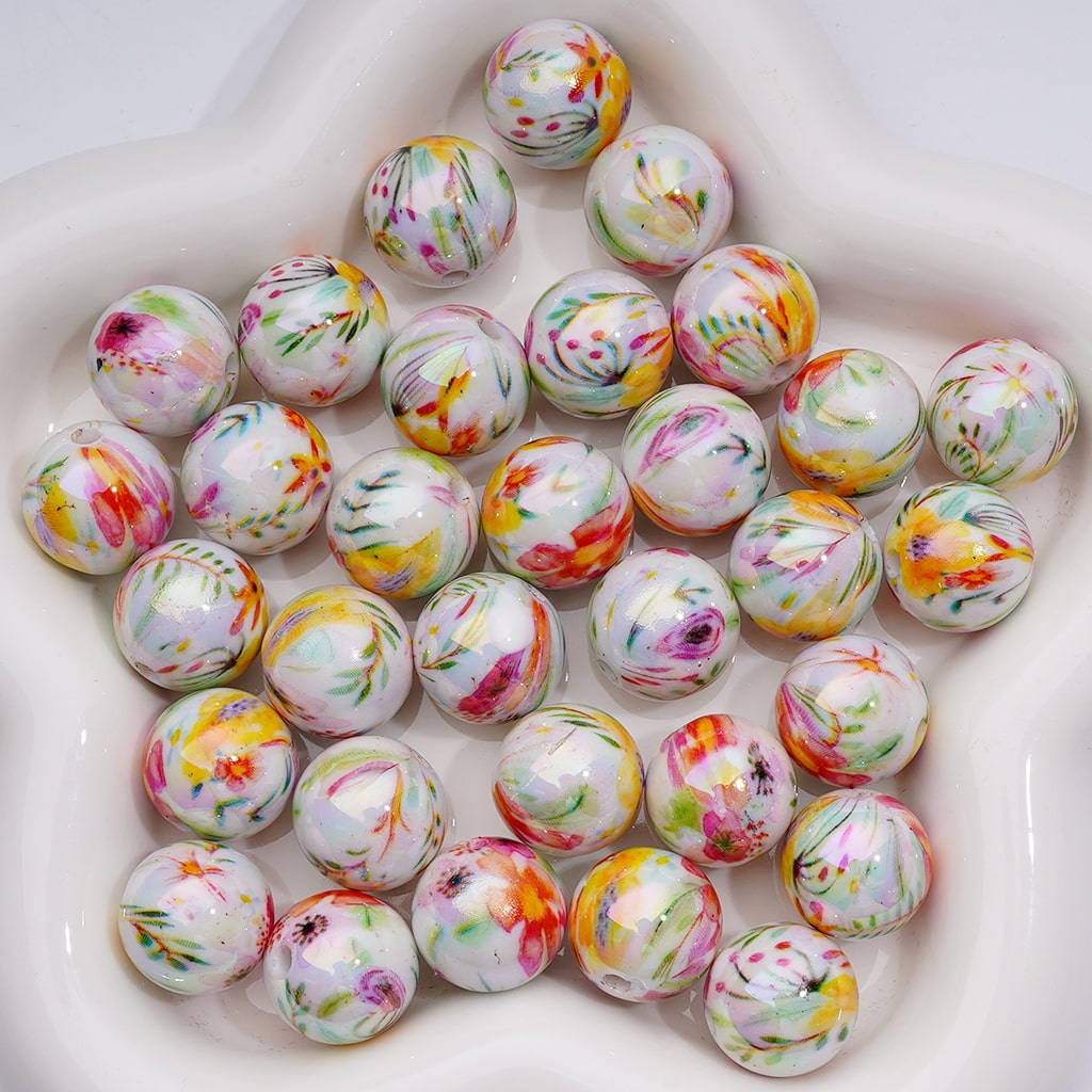 UV Coating Multi-Color Different Flowers Round Acrylic Beads, 16MM (Single Color is available for 200pcs(Whole bag))