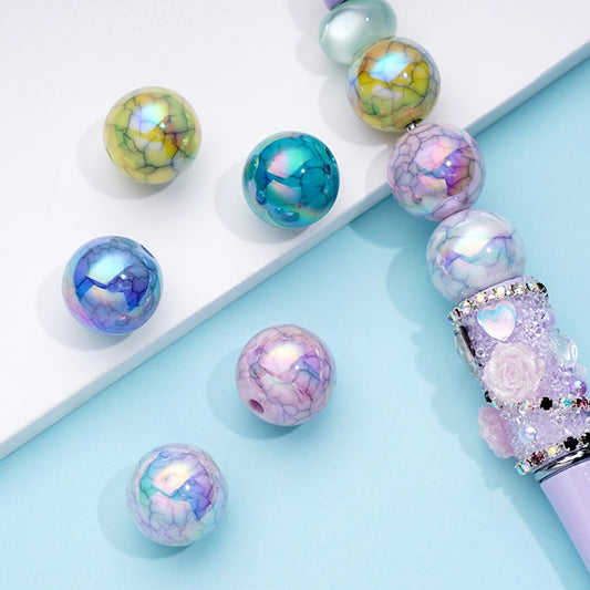 ティール ティファニー アクリル ビーズ、ブラック クラックル ライン ストライプ、16mm