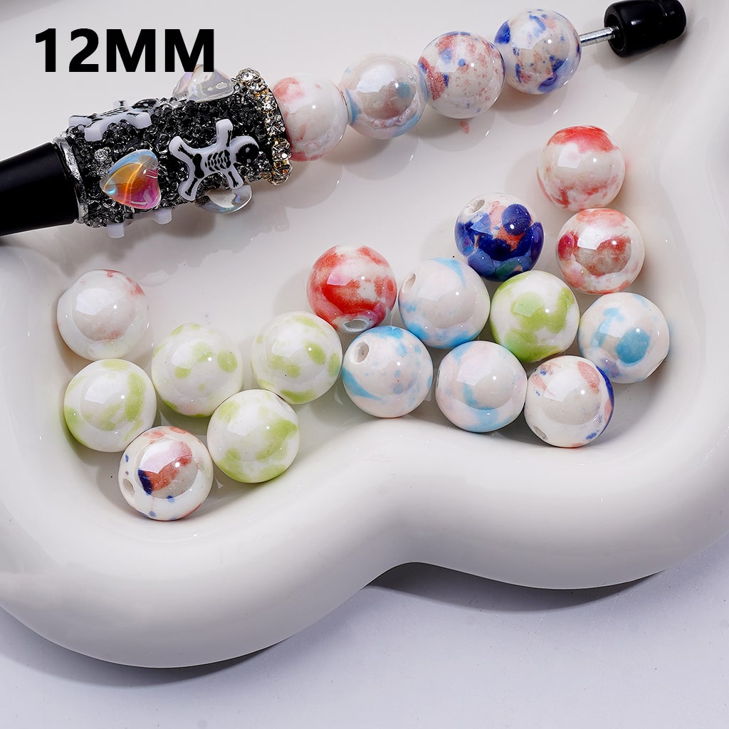 Creamic Porcelain Beads Multi-Color Marbling Prints, White 12MM, Random Mix