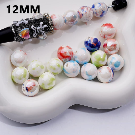 Creamic Porcelain Beads Multi-Color Marbling Prints, White 12MM, Random Mix