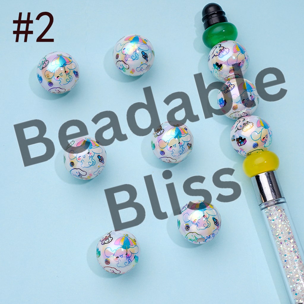 ホワイトUVコーティングアクリルビーズ、クロ、キット、プリント、シナモン、ランダムミックス、16MM