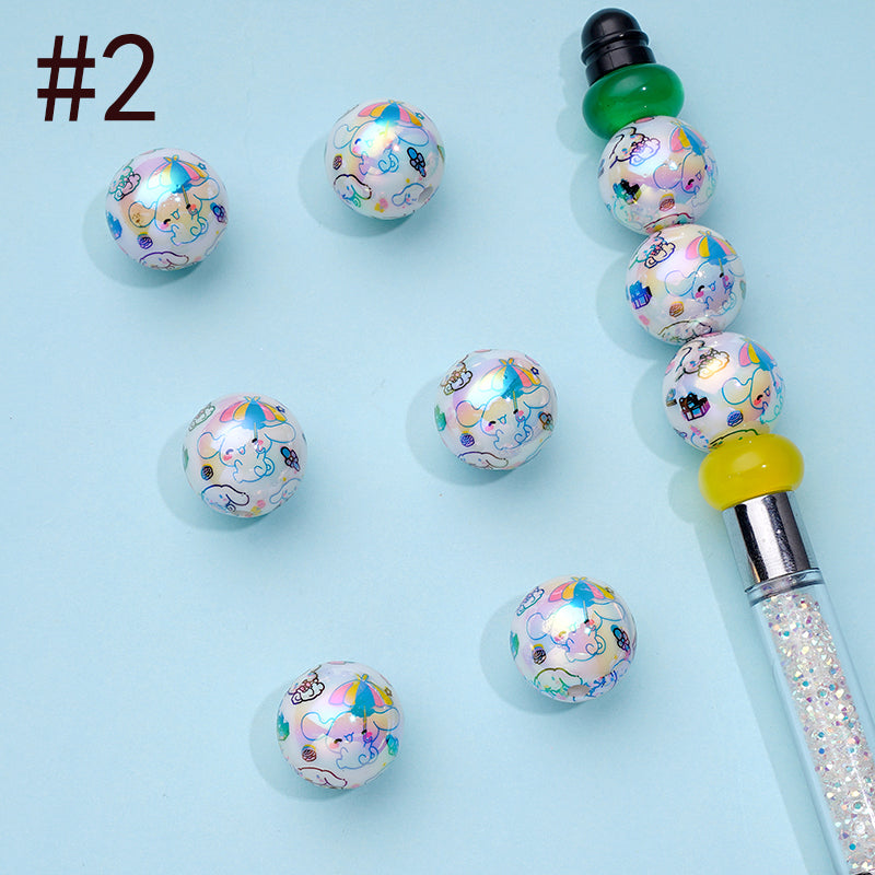 White UV Coating Acrylic Beads with Kuro , Kitt ,   Prints , cinnamon ,Random Mix, 16MM