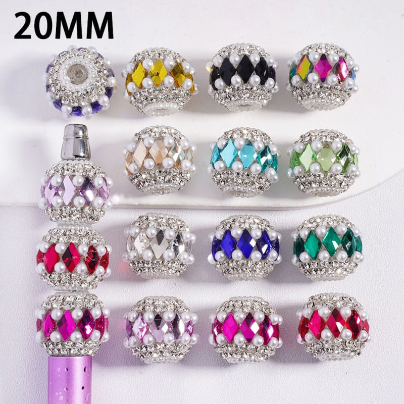 Acrylic Beads with Various Colors Rhombus and Clear Rhinestone, with White Pearl Chains, 20MM, Random Mix