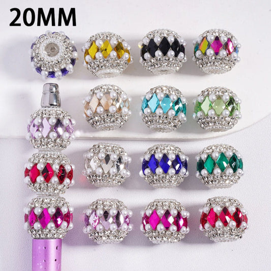 Acrylic Beads with Various Colors Rhombus and Clear Rhinestone, with White Pearl Chains, 20MM, Random Mix