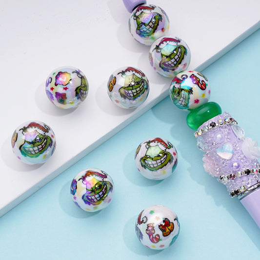 UV Coating Green Monster Grinc with Red Christmas Hat White Round Acrylic Beads, Random Mix, 16MM