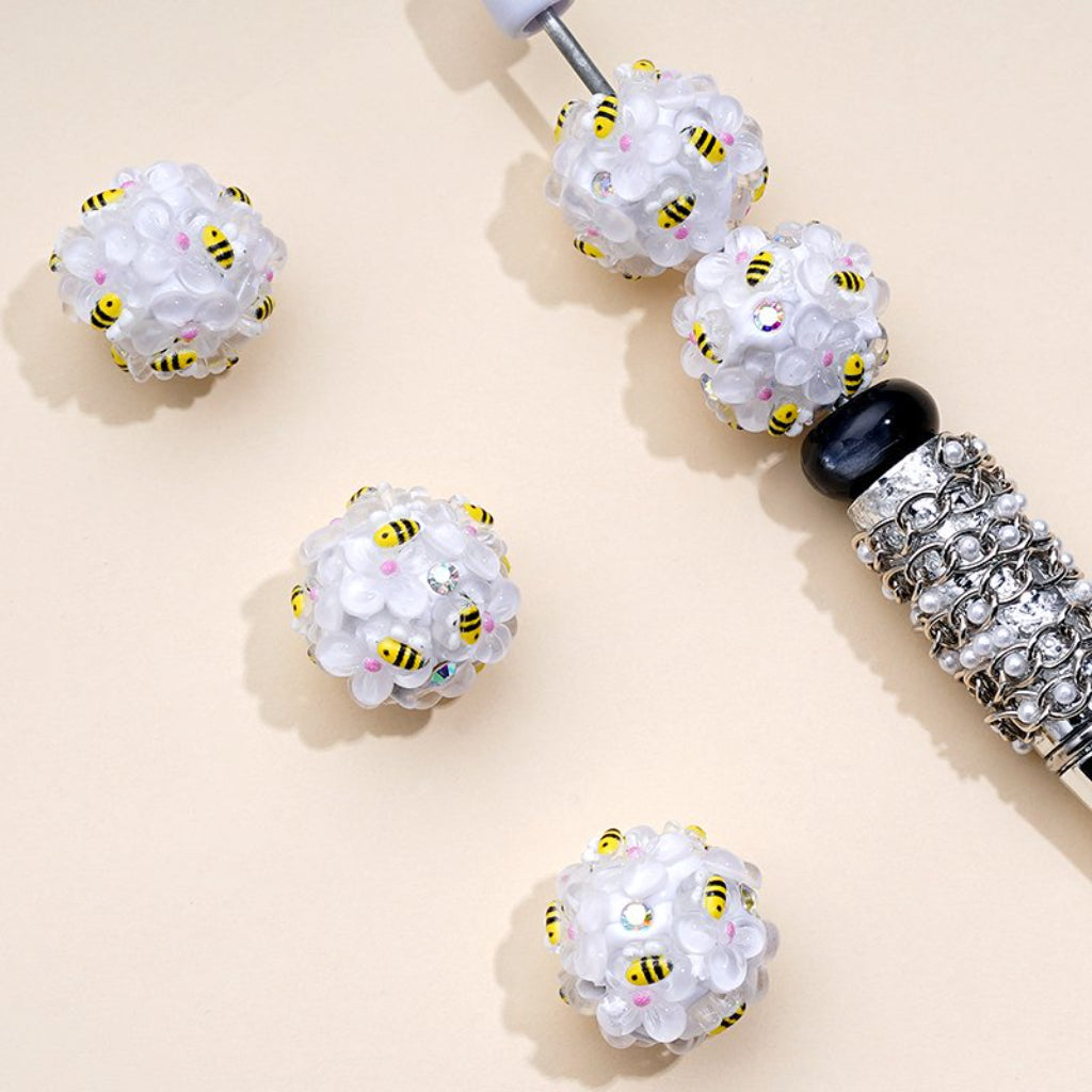 Yellow Cute Bees Colorful Flowers AB Rhinestones White Round Clay Beads, Around 20MM