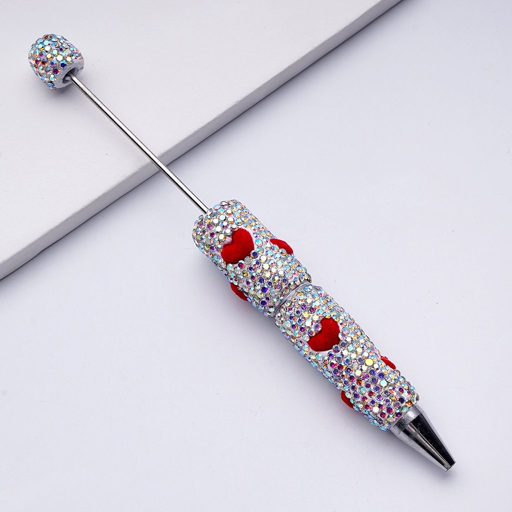 Beadable Clay Pens with Cute Red Flocked Hearts AB Rhinestones Covered the Entire Pen
