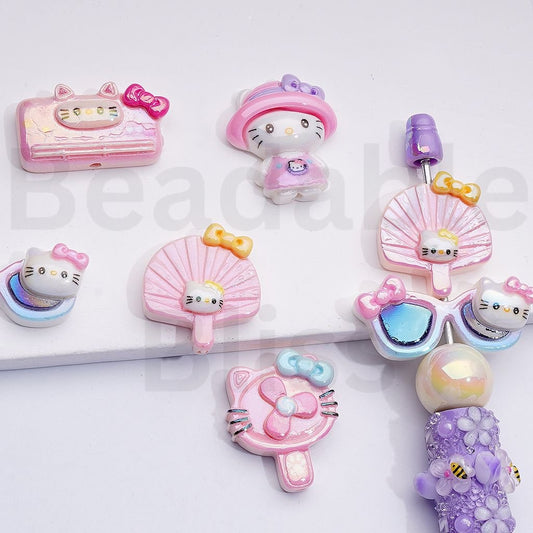 UV Coating Cute Pink Hello Kitt  with Hat Sunglasses Fan Acrylic Beads Mix
