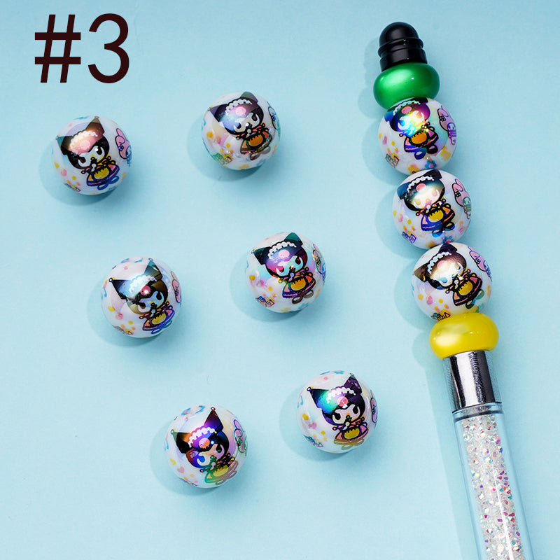 White UV Coating Acrylic Beads with Kuro , Kitt ,   Prints , cinnamon ,Random Mix, 16MM