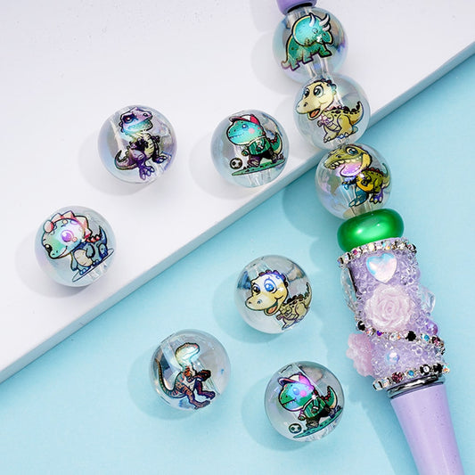 Clear Cute Cartoon Baby Dinosaurs Transparent Round Acrylic Beads 16mm Random Mix