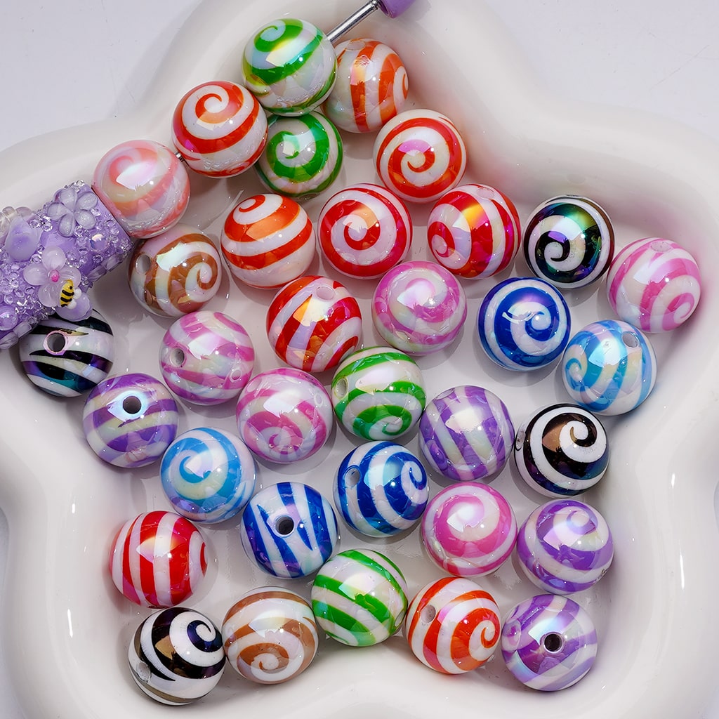 UV Coating Multi-Color Swirl Stripes Round Acrylic Beads, 16MM (Single Color is available for 200pcs(Whole bag))