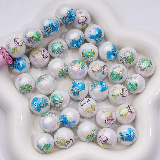 UV Coating Cute Sea Ocean Marine Animals Jellyfish Acrylic Beads, 16MM, Random Mix