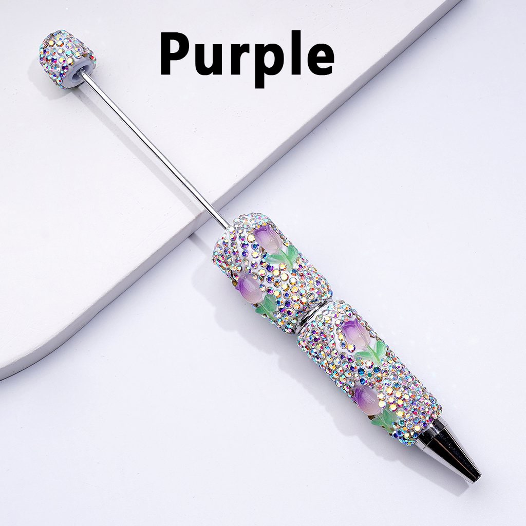 Beadable Clay Pens with Mini Cute Tulip Flowers AB Rhinestones Covered the Entire Pen