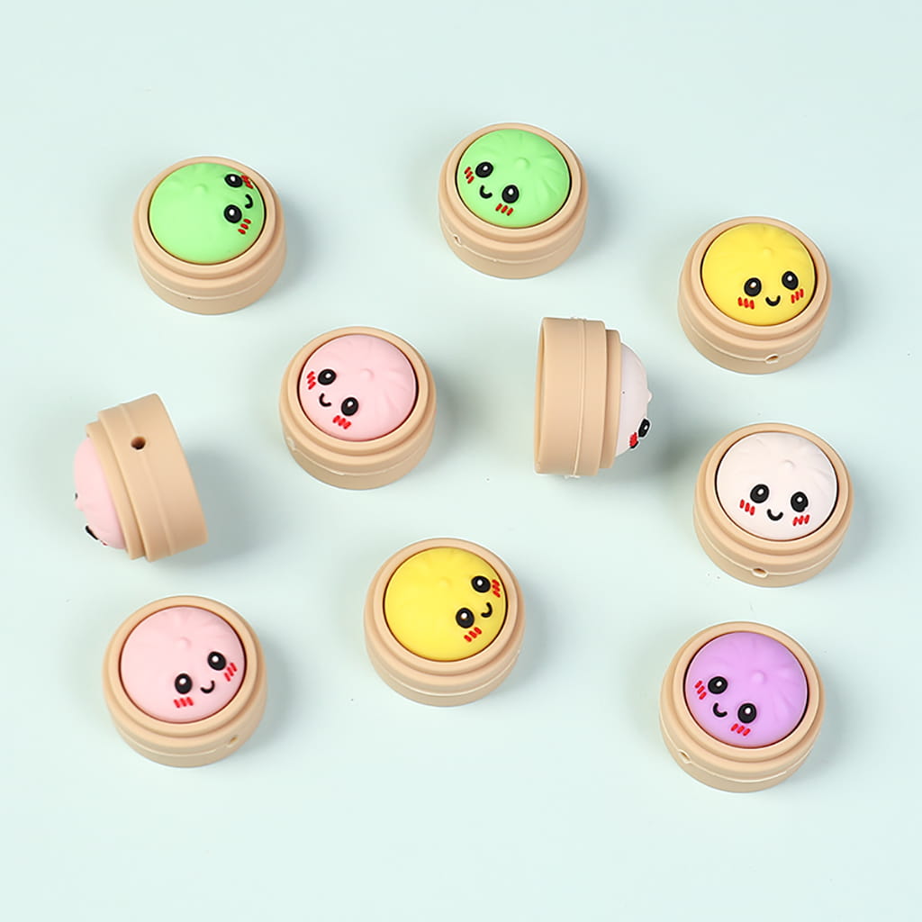 3D Shy Dumpling on Brown Steamer Basket Silicone Focal Beads, 17*25MM Multi Colors