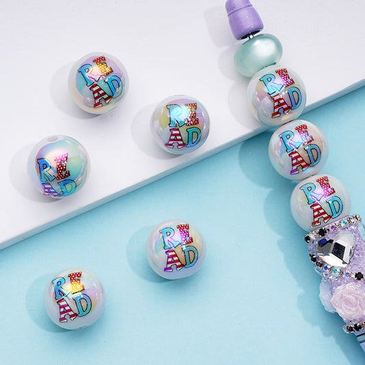 Read Printed Letters USA Flag Education Student Teacher Round Acrylic Beads 16mm