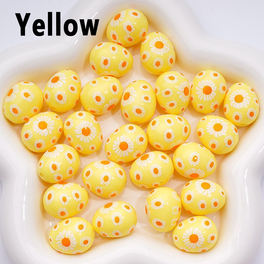 Mini Cute Multi-Color Daisy Flowers Prints Oval Egg Shape Acrylic Beads, Around 20*16MM