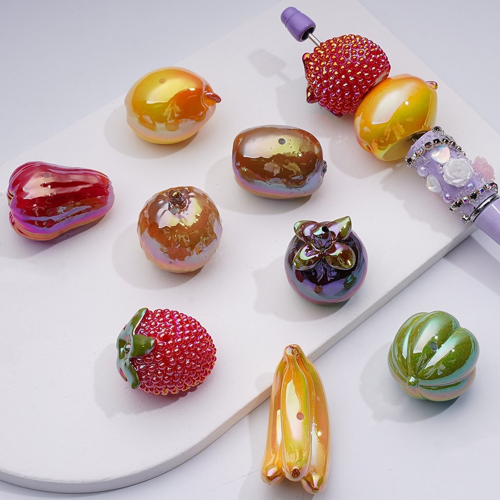 UV Coating Vivid Fruits Starwberry Banana Pear Pawpaw Mangosteen Acrylic Beads, 25-28MM, Random Mix