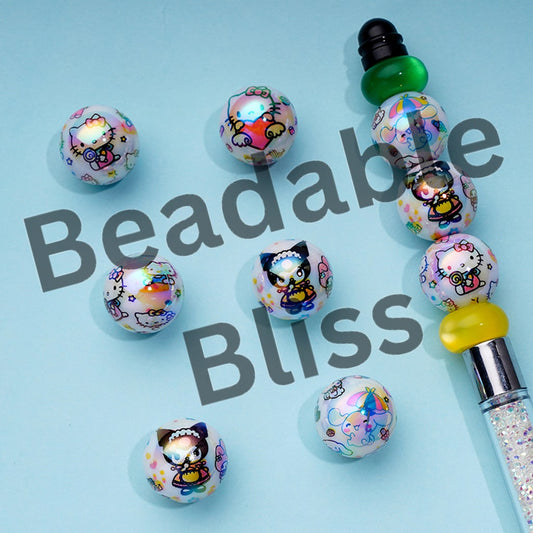 ホワイトUVコーティングアクリルビーズ、クロ、キット、プリント、シナモン、ランダムミックス、16MM