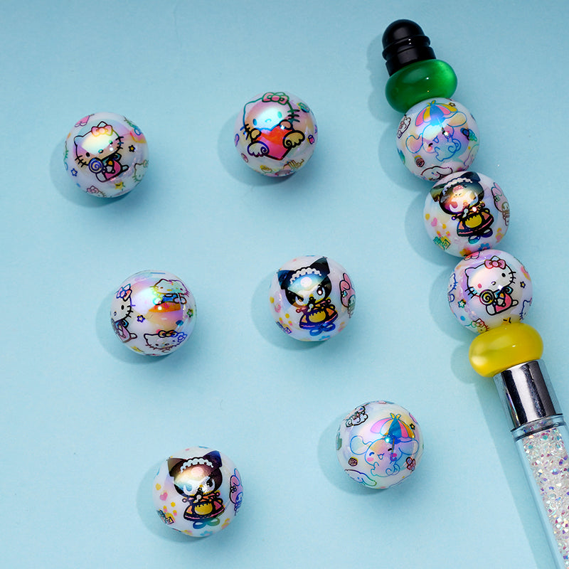 White UV Coating Acrylic Beads with Kuro , Kitt ,   Prints , cinnamon ,Random Mix, 16MM
