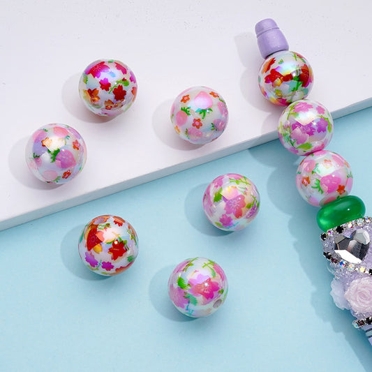 White UV Coating Pink Red Flowers Green Leaves Print Acrylic Beads, Random Mix, 16MM