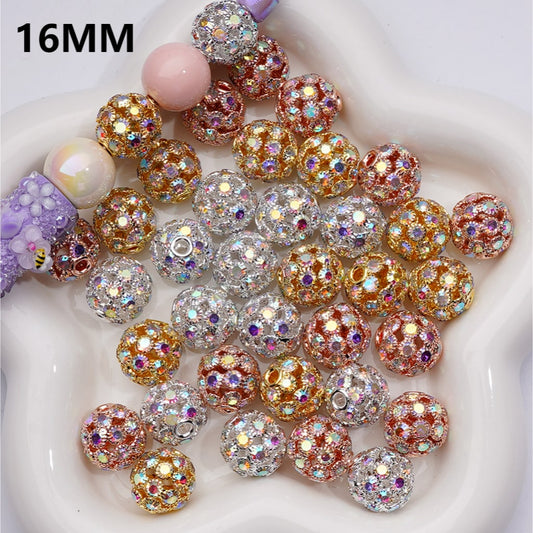 Fancy Gold Silver Rose Gold Alloy Hollow Round Beads with AB Rhinestones, 16MM