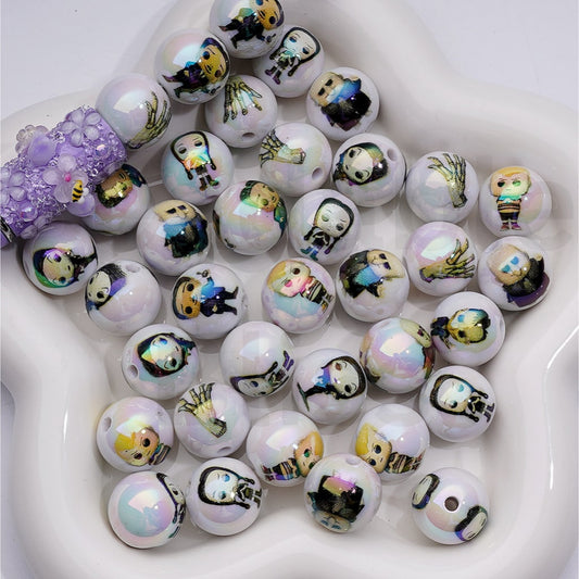 UV Coating Wednesda Round Acrylic Beads, 16MM, Random Mix