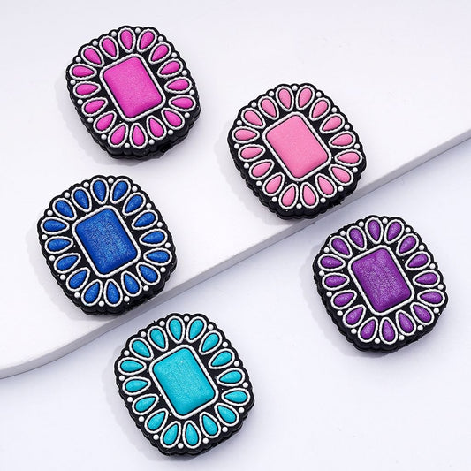 Multi-Color Western Gemstone Rectangle Shape Silicone Focal Beads, Random Mix