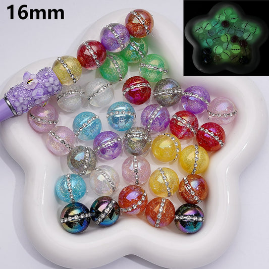 Luminous Glitter Sugar Core Inside Acrylic Beads with Clear Rhinestones Chians, 16MM