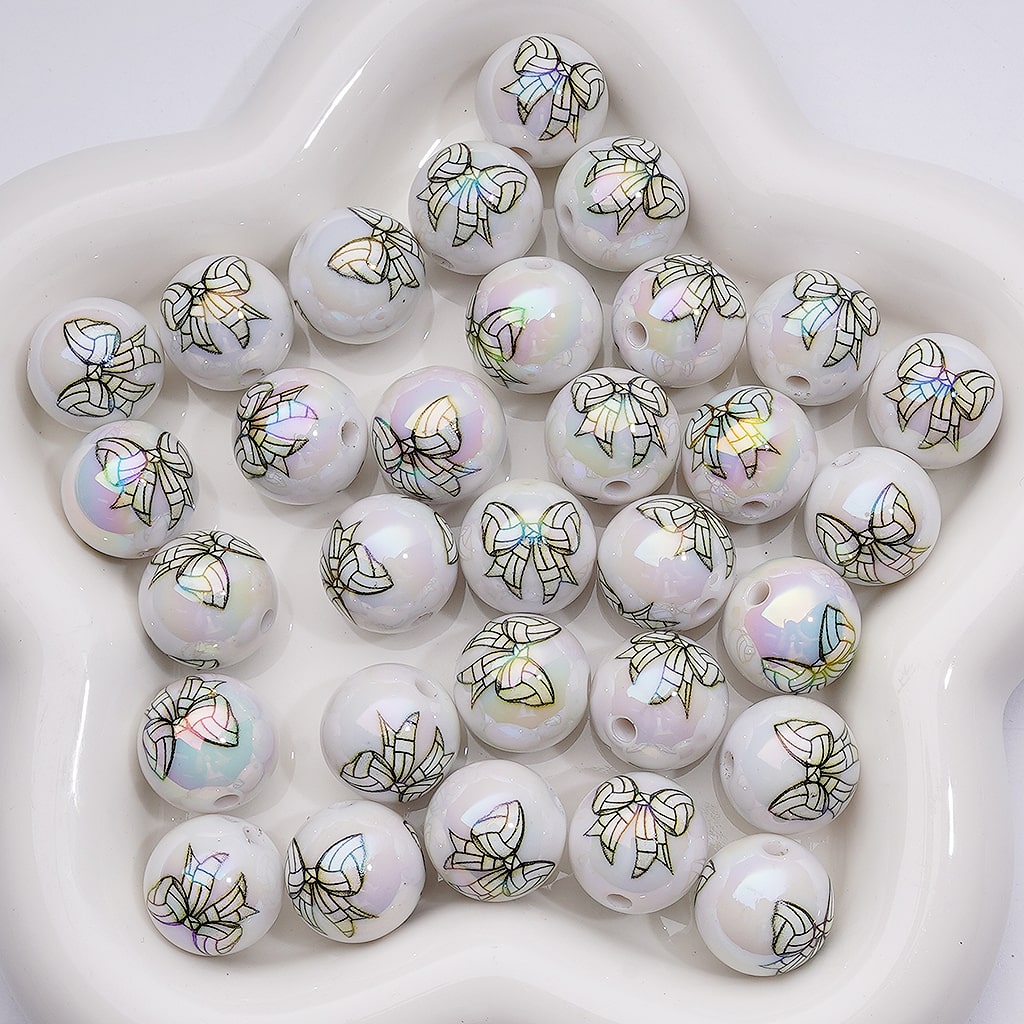 UV Coating American Football Soccer Basketball Volleyball Baseball Softball Series Bowknots White Round Acrylic Beads, 16MM