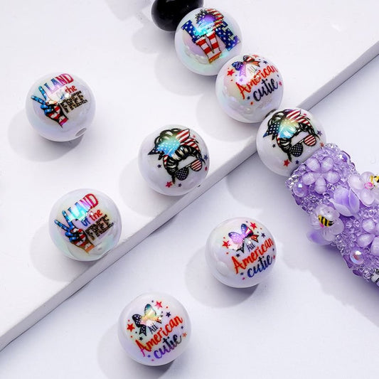 UV Coating USA American National Flag Land of the Free Cutie Patriotism White Round Acrylic Beads, 16MM, Random Mix