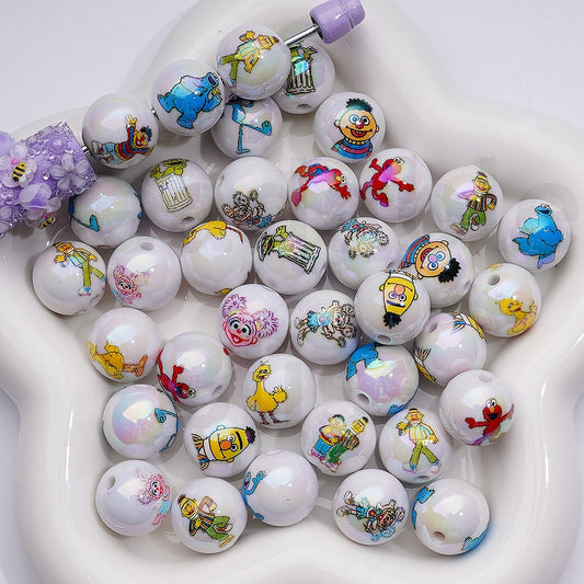 UV Coating Seasam Street Round Acrylic Beads, 16MM, Random Mix