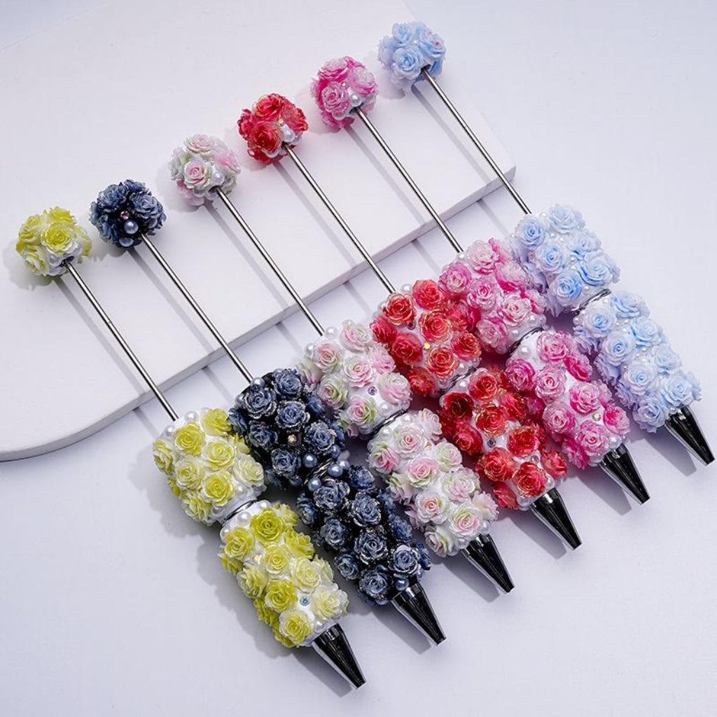 Bling Bling Beadable Clay Pen with Shiny Glitter Colorful Soft Rose Flowers AB Rhinestones White Pearls