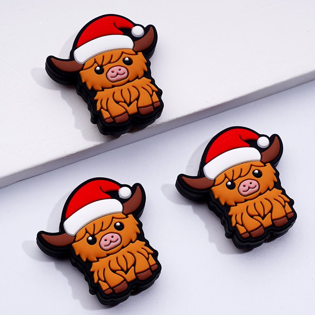Cute Cows with Red Christmas Hats Gift Boxes Silicone Focal Beads