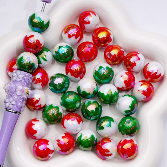 Acrylic Beads Round UV Coating Merry Christmas Prints Red Green with White Background Color, 16MM