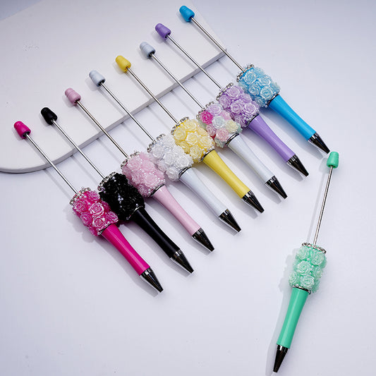 Beadable Pen with Shiny Glitter Rose Flower White Pearls Clear Rhinestones Chain in Solid Color