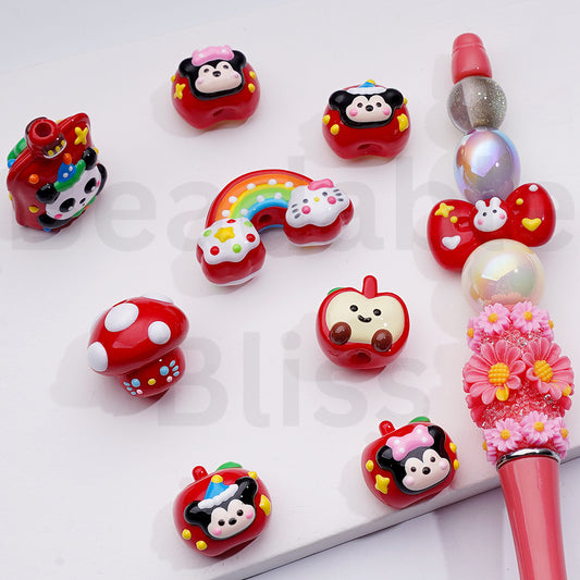 Red Hand Painted HK Micke Minni Bows Apples Rainbow Sucking Jelly Mushroom Acrylic Beads Mix