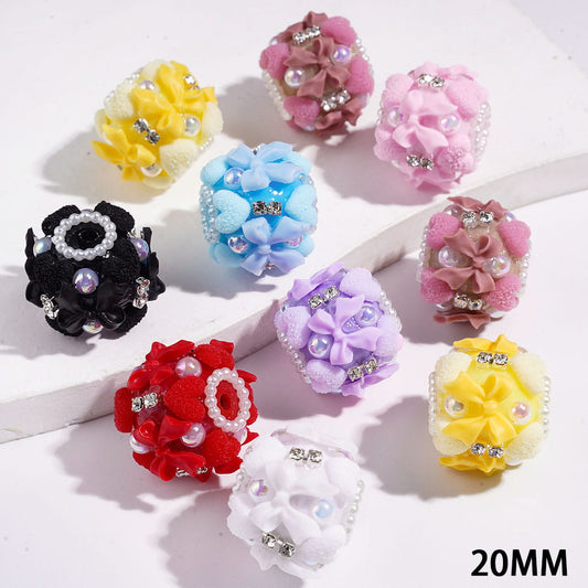 Hand-Made Acrylic Beads with Heart and Bow, Clear Rhinestones and White Pearl Chain, 20MM, Random Mix
