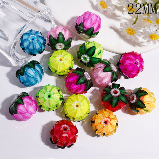 Handmade Acrylic Beads Flower Bud with Glittery Water Drop Rhinestone and White Pearl Chains, 22MM Multi-Color Random Mix