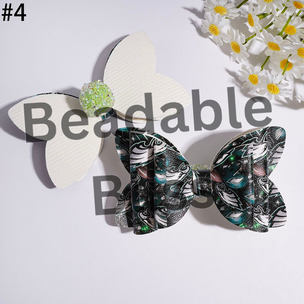 Acrylic Sugar Beads with AB Rhinestone Clear Ball Chains, Fabric Bowtie with American Football Team Pattern Print