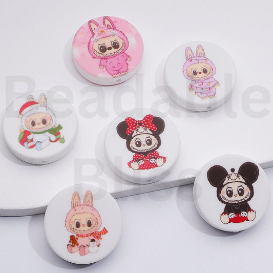 Cute Labub in Different Costumes Flat Round Silicone Focal Beads, Random Mix