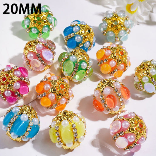 Acrylic Beads w Fancy Gold Alloy Flower and Oval Rhinestones, 20MM, White Pearls & Clear Rhinestones Chain, Multi-Color, Random Mix