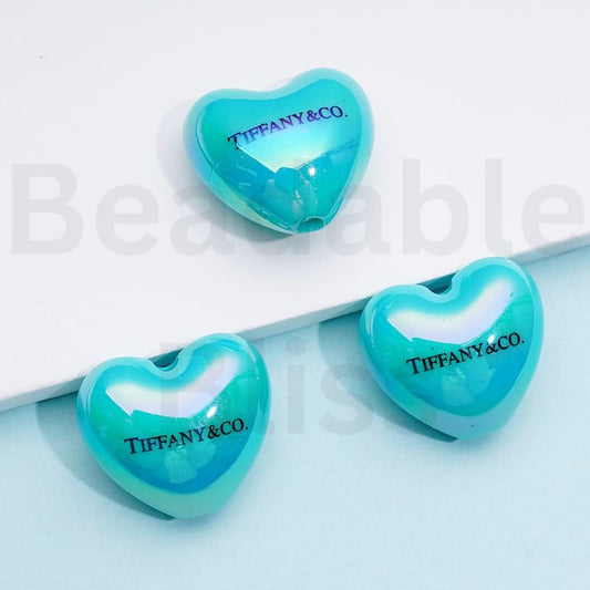 UV Coating Teal Tiffan Heart Acrylic Beads, Around 22*20MM